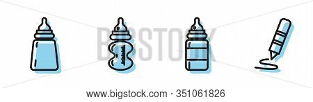 Set Line Baby Bottle, Baby Bottle, Baby Bottle And Wax Crayon For Drawing Icon. Vector