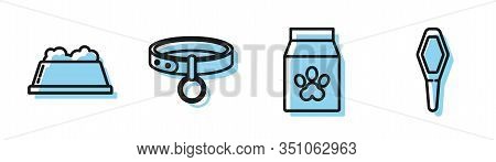 Set Line Bag Of Food For Pet, Pet Food Bowl, Collar With Name Tag And Pets Vial Medical Icon. Vector