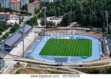 Lahti, Finland - August 6, 2019: Aerial View Of The Stadium In Lahti, Finland. Outdoor Soccer Field.
