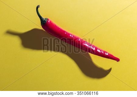 Chili Pepper And Its Shadow On A Yellow Background. The Concept Of Minimalism