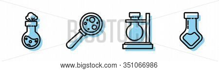 Set Line Test Tube Flask On Stand, Test Tube And Flask Chemical, Microorganisms Under Magnifier And 