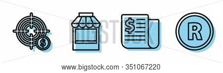 Set Line Financial News, Target With Dollar Symbol, Shopping Building Or Market Store And Registered