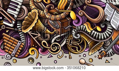 Classic Music Hand Drawn Doodle Banner. Cartoon Detailed Flyer.