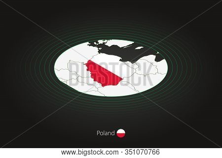 Poland Map In Dark Color, Oval Map With Neighboring Countries. Vector Map And Flag Of Poland
