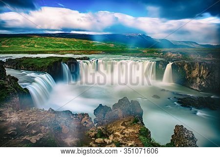 Godafoss Waterfall In Iceland, Summer Natural Travel Background