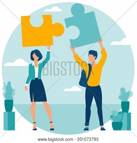 Flat Design Business Neamwork Concept. Team Solution Metaphor. Young Buciness People Solving Puzzle,