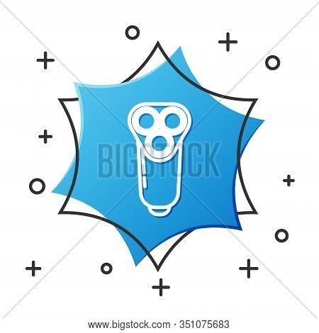 White Line Electric Razor Blade For Men Icon Isolated On White Background. Electric Shaver. Blue Hex