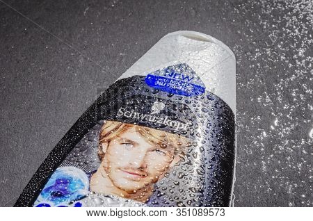 Schwarzkopf Shampoo Isolated On Stone Slate Background. In 1927, Liquid Shampoo Was Invented By Hans