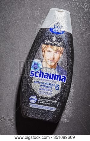 Schwarzkopf Shampoo Isolated On Stone Slate Background. In 1927, Liquid Shampoo Was Invented By Hans