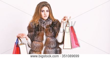 Lady Hold Shopping Bags. Discount And Sale. Fashionista Buy Clothes On Black Friday. Girl Makeup Fur