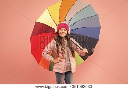 Accessory In Case It Rains. Small Child Enjoy Music Under Colorful Umbrella Rain Accessory. Little G