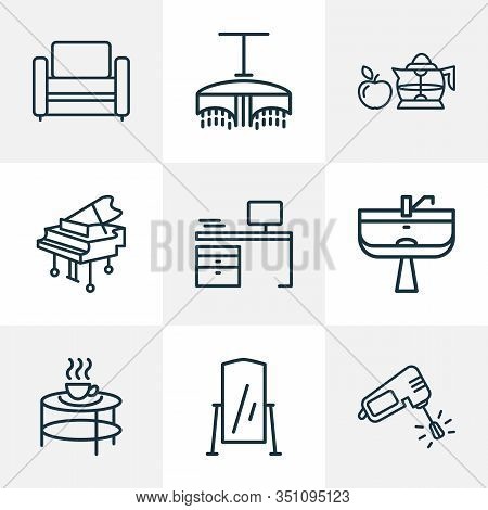 House Icons Line Style Set With Modern Armchair, Wash Stand, Desk Squeezer Elements. Isolated Vector