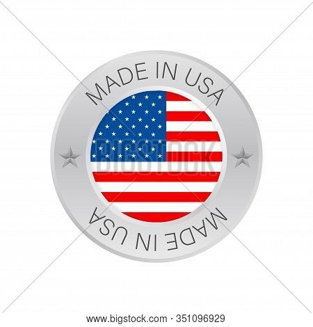 Glossy Metal Badge Icon, Made In Usa With Flag. Vector Stock Illustration.