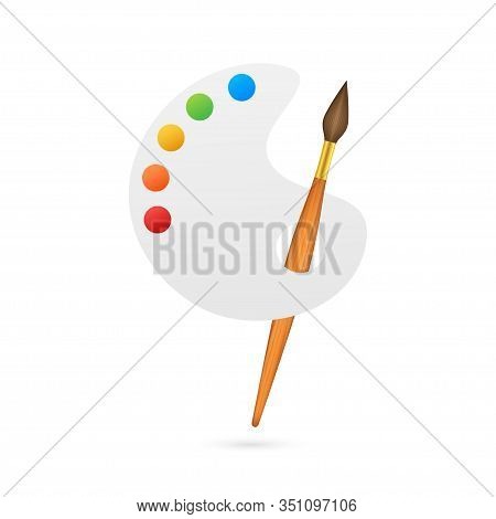 Cartoon Paintbrush And Palette Of Paints Seven Colors Of Rainbow. Vector Stock Illustration.