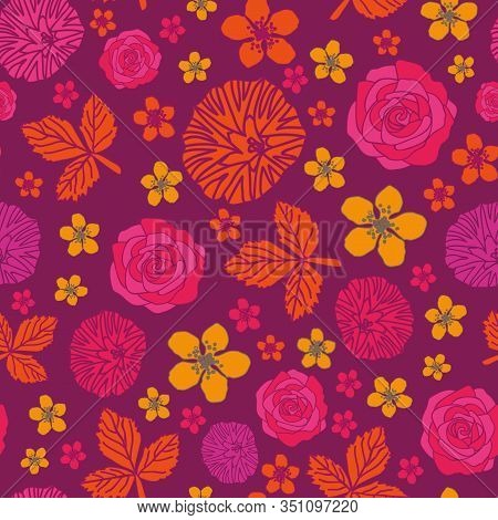 Rose And Dewberry-flowers In Bloom Seamless Repeat Pattern. Flowers Pattern Background In Pink, Maro