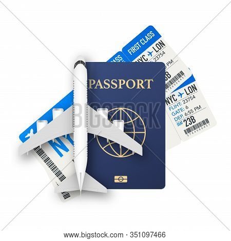 Passports, Boarding Passes And Airplane. Travel Concept. Booking Service Or Travel Agency Sign. Adve