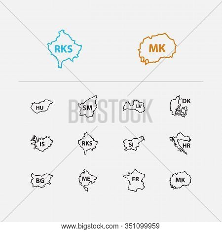 Cartography Icons Set. France And Cartography Icons With Croatia, Denmark And San Marino. Set Of Of 