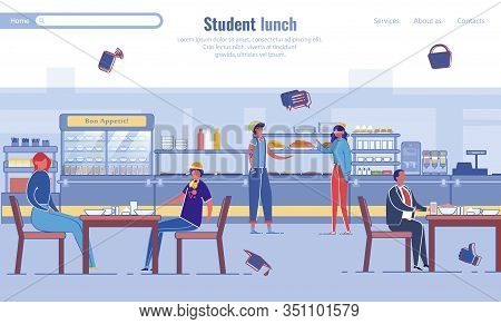 Student Lunch Program. Landing Page Layout Flat Design. Cartoon Young People Eating, Drinking, Commu
