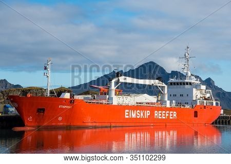 Hornafjordur Iceland - October 13. 2019: Reefer Cargo Ship Stigfoss In Port Of Hornafjordur