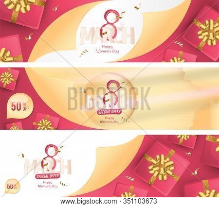 8 March International Women's Day. Super Sale With 50 Special Offer. Set Long Greeting Cards With Sh