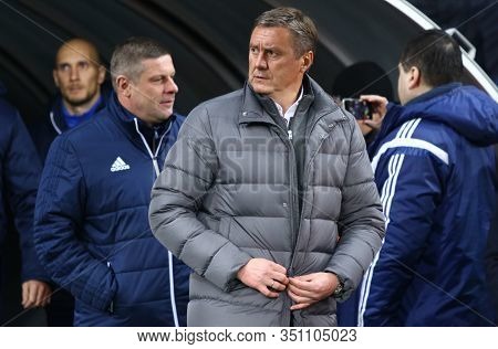 Kyiv, Ukraine - March 15, 2018: Fc Dynamo Kyiv Manager Aleksandr Khatskevich Looks On During Uefa Eu