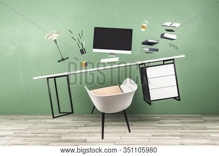 Cozy Green Office Interior With Jumping Computers And Supplies. Business Objekt And Occupation Conce