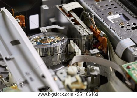 Steel Shiny Round, Rotating Video Head For The Reproduction Of Video Cassettes Inside The Vcr Close-
