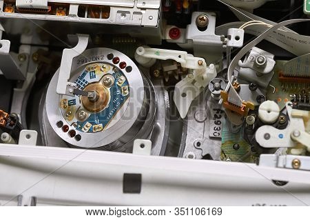 Steel Shiny Round, Rotating Video Head For The Reproduction Of Video Cassettes Inside The Vcr Close-