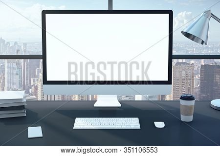 Futuristic Office Interior With Computer, Supplies And  Big Window With City View. Business Objekt A