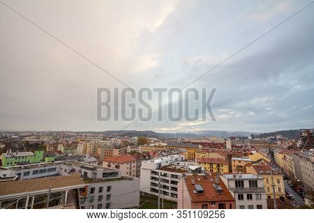 Aerial Panorama Of Brno, Czech Republic, With A Focus On A Residential Suburb With Panelaky Towers I