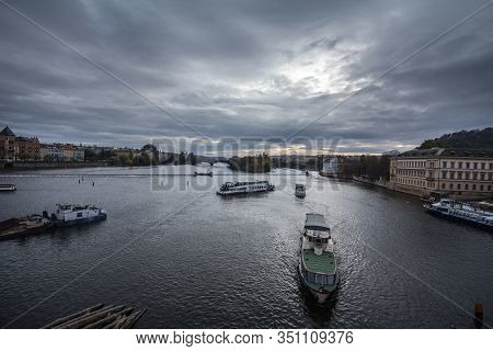 Panorama Of Prague, Czech Republic, Seen From The Vltava River, Also Called Moldau, With A Focus On 