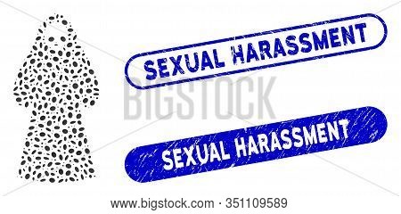 Mosaic Death Hood Man And Rubber Stamp Seals With Sexual Harassment Caption. Mosaic Vector Death Hoo