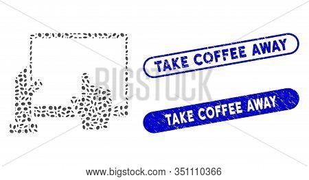 Mosaic Hand Points Pda And Distressed Stamp Seals With Take Coffee Away Caption. Mosaic Vector Hand 