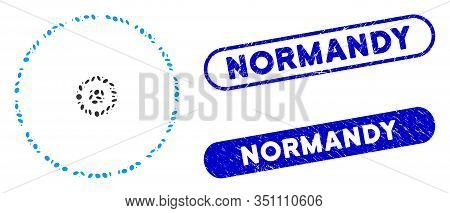 Mosaic Round Area And Corroded Stamp Seals With Normandy Phrase. Mosaic Vector Round Area Is Compose