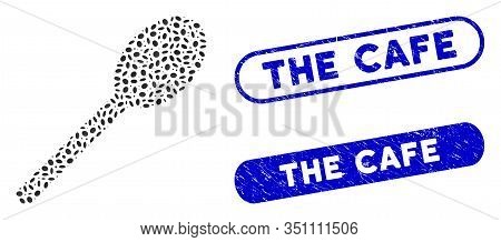 Collage Spoon And Grunge Stamp Seals With The Cafe Phrase. Mosaic Vector Spoon Is Designed With Scat