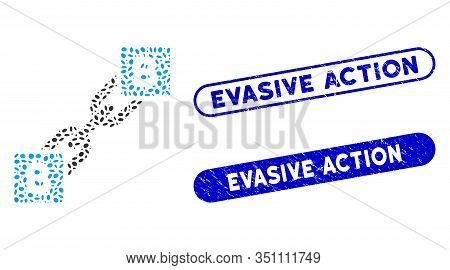 Mosaic Bitcoin Blockchain And Distressed Stamp Seals With Evasive Action Text. Mosaic Vector Bitcoin