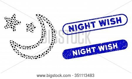 Mosaic Clear Night Sky And Corroded Stamp Seals With Night Wish Text. Mosaic Vector Clear Night Sky 