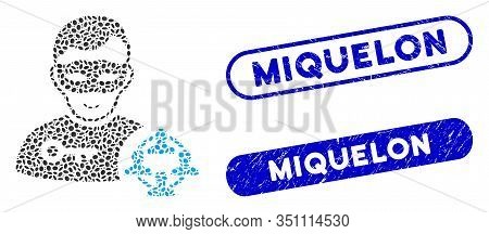 Mosaic Social Hacker And Corroded Stamp Seals With Miquelon Phrase. Mosaic Vector Social Hacker Is C
