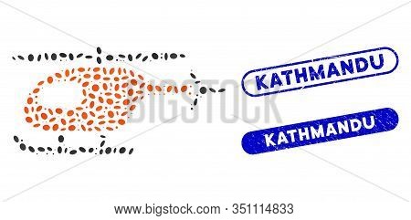 Mosaic Helicopter And Grunge Stamp Seals With Kathmandu Caption. Mosaic Vector Helicopter Is Designe