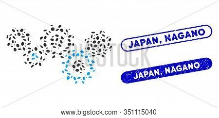 Mosaic Gear Mechanism And Grunge Stamp Seals With Japan, Nagano Text. Mosaic Vector Gear Mechanism I