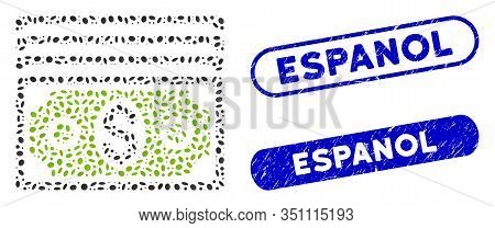 Mosaic Banknotes And Corroded Stamp Seals With Espanol Text. Mosaic Vector Banknotes Is Composed Wit