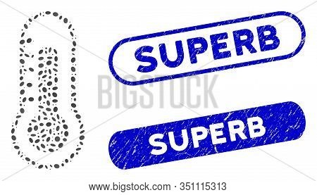 Mosaic Thermometer And Distressed Stamp Seals With Superb Caption. Mosaic Vector Thermometer Is Crea