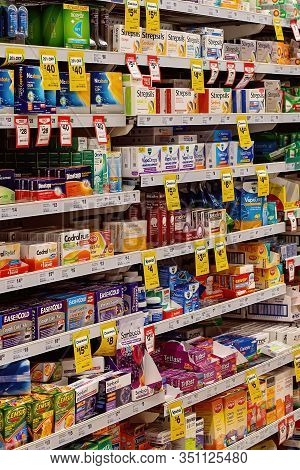Walkerston, Queensland, Australia - February 2020: Cold And Flu Medicines And Supplies On The Shelve
