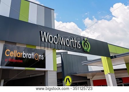 Walkerston, Queensland, Australia - February 2020: Outside Woolworth Supermarket And Cellarbrations 
