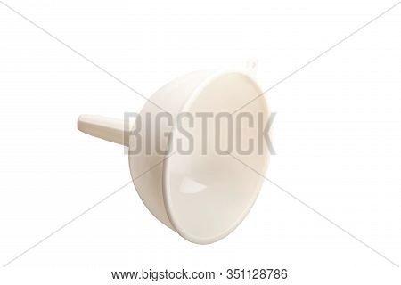 White Plastic Funnel Liquid Isolated On White Background