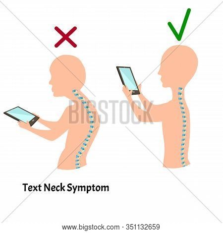 Improper Posture Symptoms. Text Neck Syndrome. Spinal Curvature, Kyphosis, Lordosis, Scoliosis, Arth
