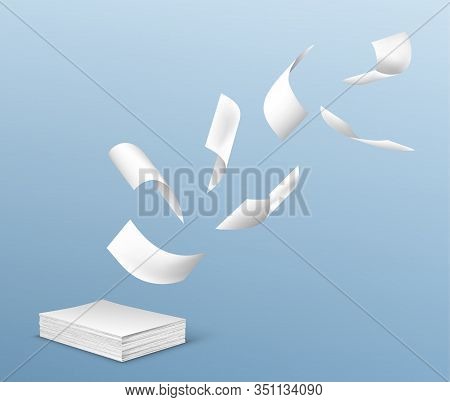 Flying White Paper Sheets From Stack Of Documents. Vector Realistic Illustration Of Chaotic Flight O