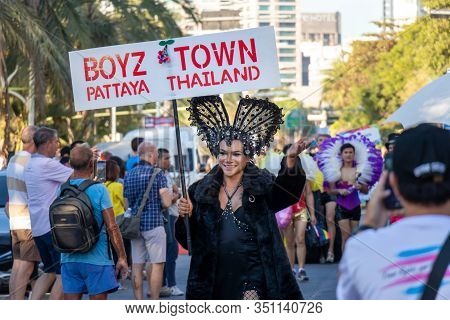 Pattaya, Thailand - February 15, 2020: A Part Of Colorful Of Lgbt Parade With People Wearing Rainbow