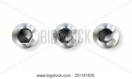 Set Chrome Imbus Screw, Bolt With A Cylindrical Head. Shiny Cap Twisted In Surface Isolated On White