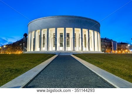 Croatia, City Of Zagreb In The Night, Street And Monumental Column Architecture In Background